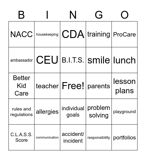 Training Day Bingo Card