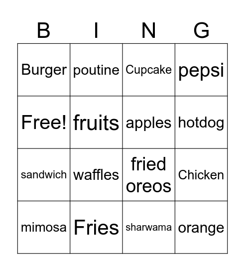 Foodie Bingo Card