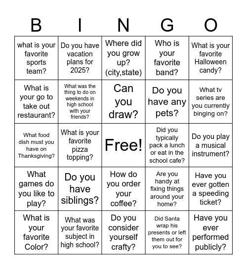 Getting to know you BINGO Card