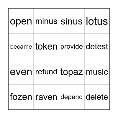 Open Syllable Bingo Card