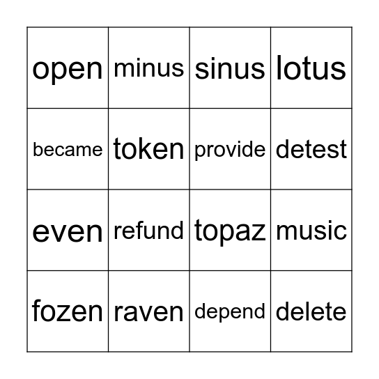 Open Syllable Bingo Card
