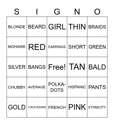 Unit 4: Describing Clothing & People Bingo Card