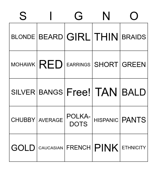 Unit 4: Describing Clothing & People Bingo Card