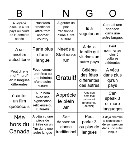 Diversité Culturelle Bingo Card