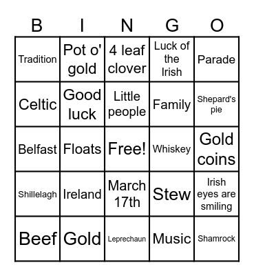 Crestview St Patrick's Bingo Card