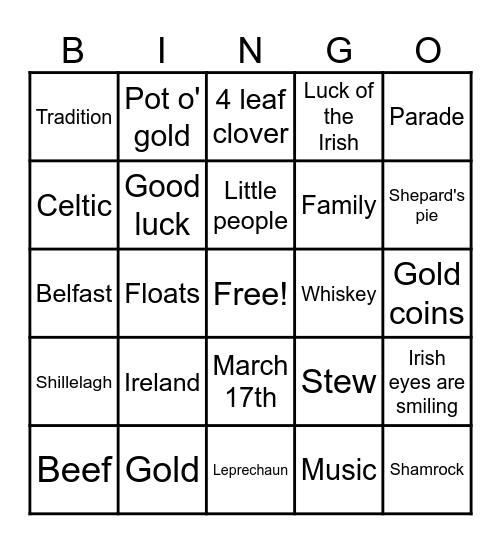 Crestview St Patrick's Bingo Card