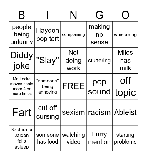 Class bingo (stuff the classes does) Bingo Card