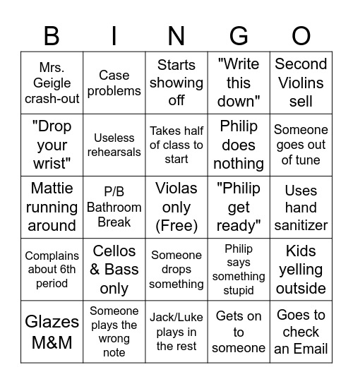 Orchestra Bingo Card