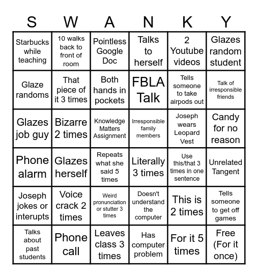 Swank Bingo Card