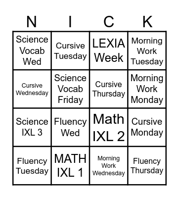 HOMEWORK COMPLETION Bingo Card