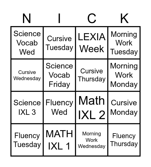 HOMEWORK COMPLETION Bingo Card