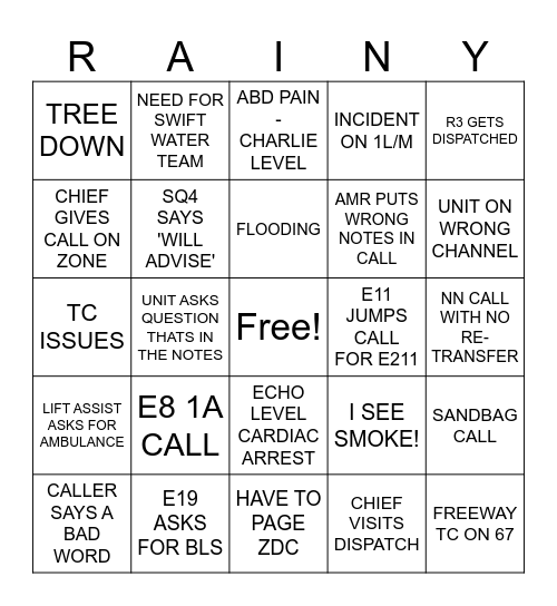 RAIN RAIN GO AWAY Bingo Card