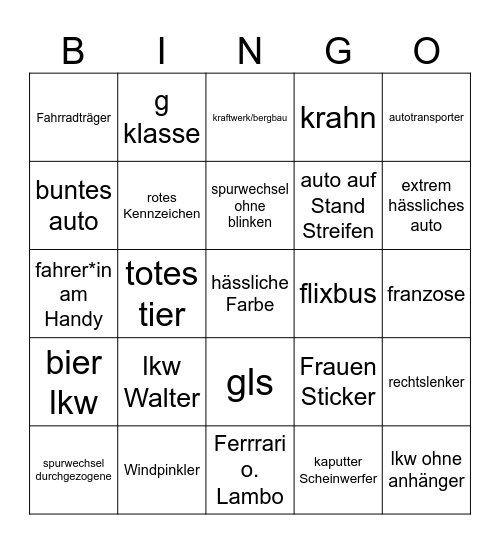 Autobahn Bingo Card