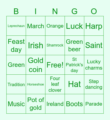 St Patrick's Day Bingo Card