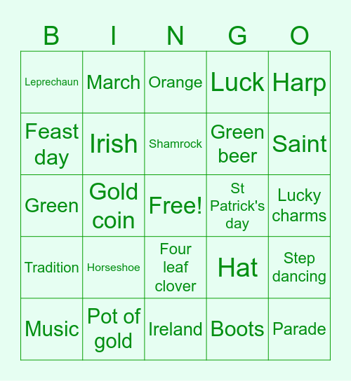 St Patrick's Day Bingo Card