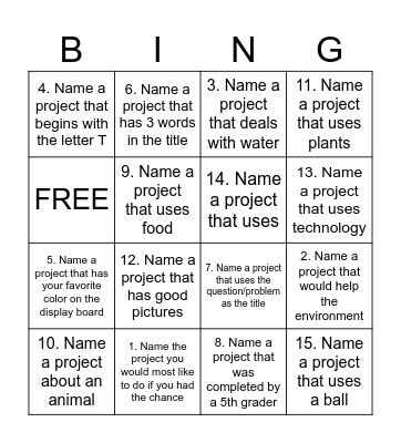 Science Fair Scavenger Hunt Bingo Card