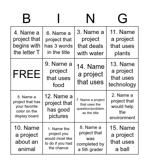 Science Fair Scavenger Hunt Bingo Card