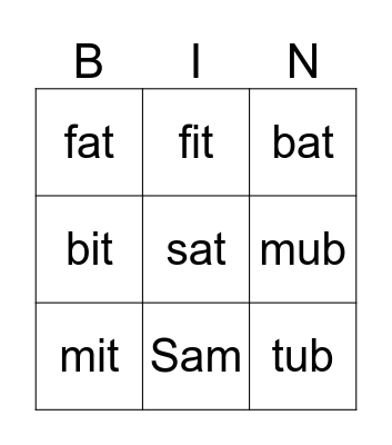Short a/Short i Bingo Card