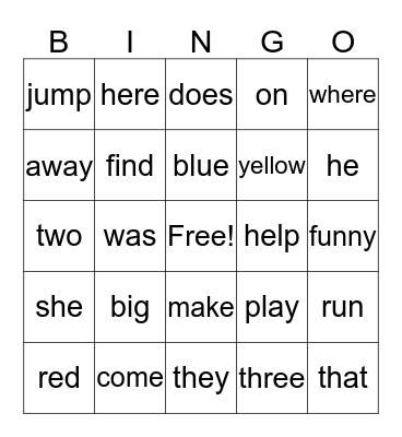SIGHT WORD BINGO Card
