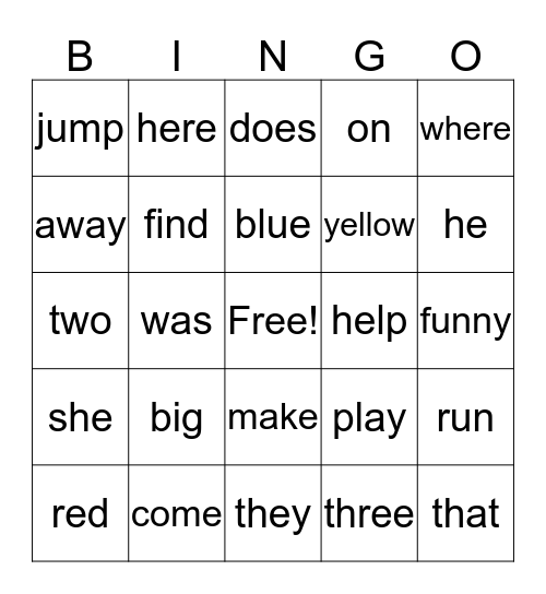 SIGHT WORD BINGO Card