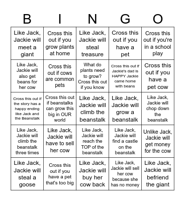 Jackie and the Bean Stalk Bingo Card