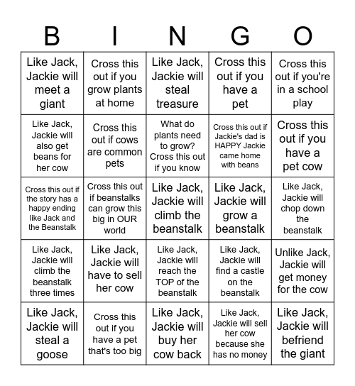 Jackie and the Bean Stalk Bingo Card