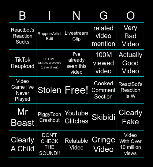 YOUTUBE SHORTS BINGO Card