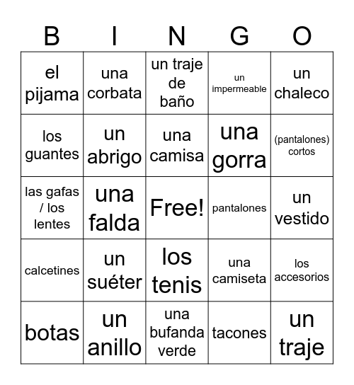 La ropa y los accesorios Bingo Card