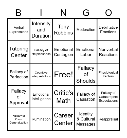 Chapter 5 - Emotions Bingo Card