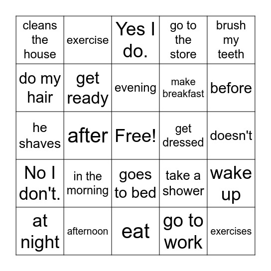 Daily Routines Lesson 10 EC1 Bingo Card