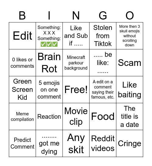 YouTube Shorts Bingo Card