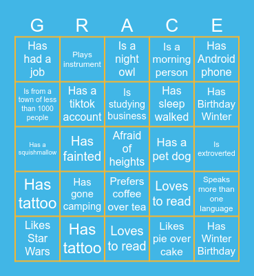Destination Grace Bingo Card