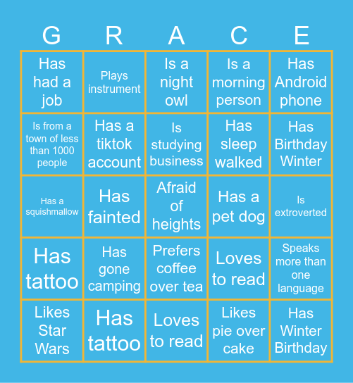 Destination Grace Bingo Card