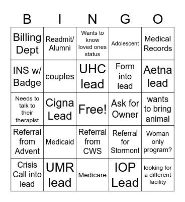 Admissions Bingo Card