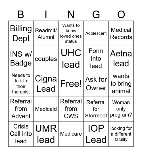 Admissions Bingo Card