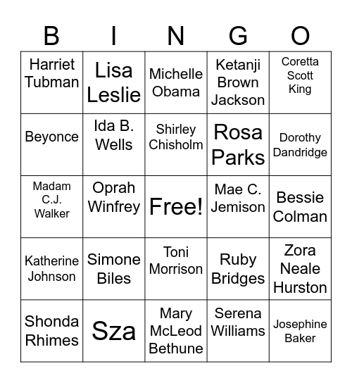 Black Woman History Month Bingo Card