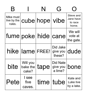VCe Bingo Card