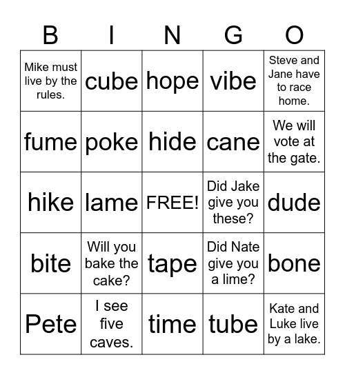 VCe Bingo Card