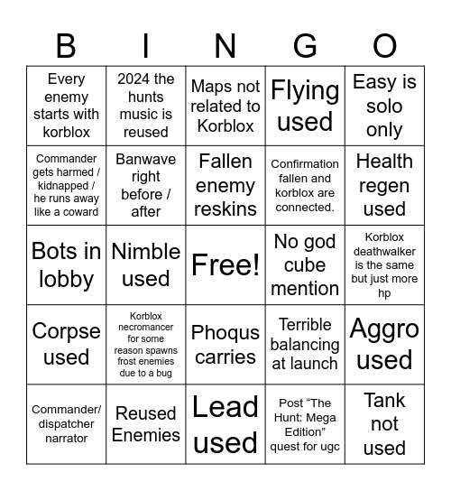 Korblox Bingo Card