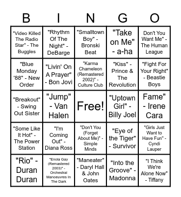 80s workout Bingo Card
