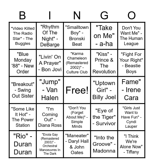 80s workout Bingo Card