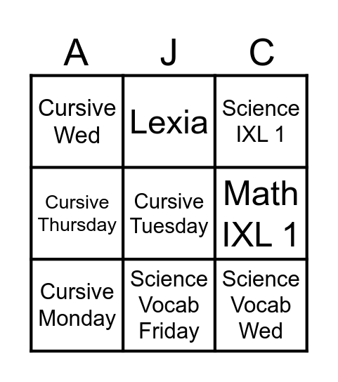 AJ'S Homework Bingo Card