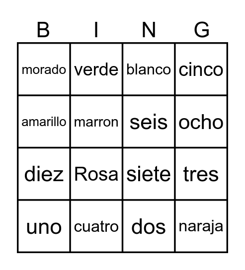 Español Bingo Card