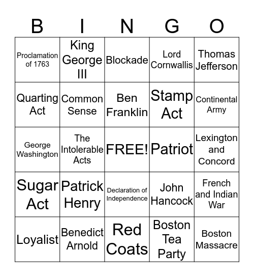 Social Studies Review American Revolution Bingo Card