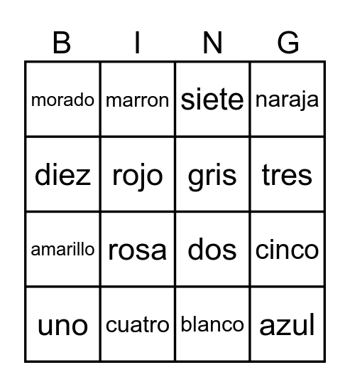 Español Bingo Card