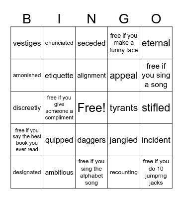 Vocab The Secret Battle of Evan Pao Bingo Card