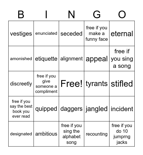 Vocab The Secret Battle of Evan Pao Bingo Card