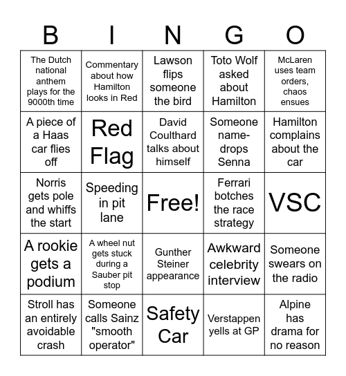 Capella F1 Bingo Card