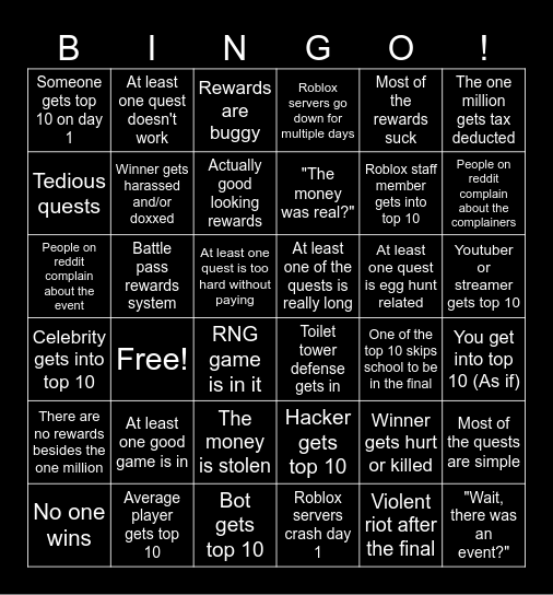 ROBLOX: The Hunt Mega Edition Bingo Card