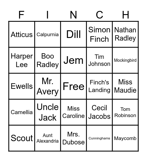 To Kill a Mockingbird Review Game Bingo Card